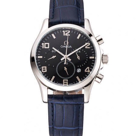 Omega cronografo quadrante nero cassa in acciaio inossidabile cinturino in pelle blu