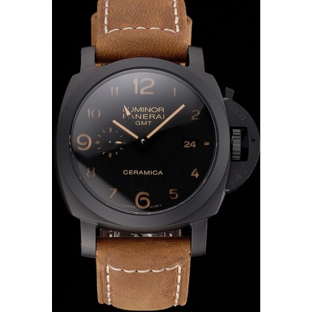 Svizzero Panerai Luminor GMT Ceraica quadrante nero cinturino in pelle marrone cassa nera