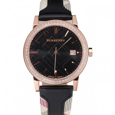 Burberry The City Classico Cassa con Diamanti Quadrante Nero Bracciale Nero-622569