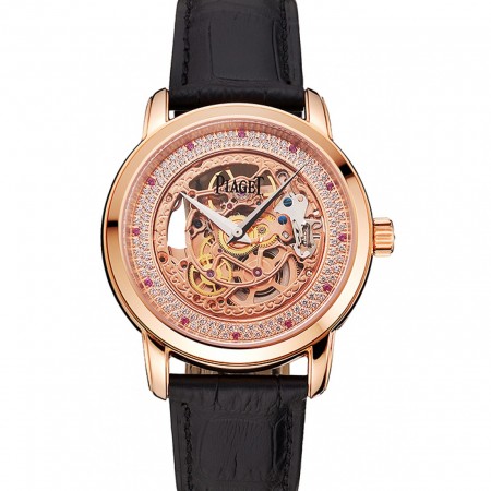 Swiss Piaget Altiplano quadrante scheletrato in oro rosa con cassa in oro rosa e diamanti Cinturino in pelle nera