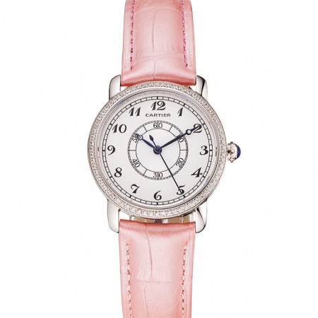 Cartier Ronde quadrante bianco diamante lunetta cassa in acciaio inossidabile cinturino in pelle rosa