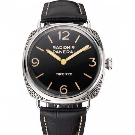 Swiss Panerai Radiomir 3 Days Acciaio & quot; Firenze & quot; Cassa in acciaio inossidabile con quadrante nero Cinturino in pelle nera