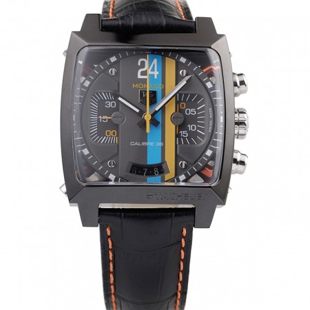 Tag Heuer Swiss Monaco cinturino in pelle nera quadrante nero a strisce blu-giallo