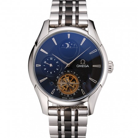 Omega De Ville Moonphase Tourbillon quadrante nero Cassa in acciaio inossidabile Bracciale bicolore in acciaio nero