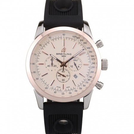 Breitling Transocean Quadrante Bianco Cinturino in Gomma Nero Lunetta in Oro Rosa