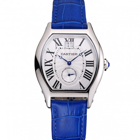 Cinturino in pelle blu con cassa in acciaio inossidabile quadrante bianco con quadrante bianco grande Cartier Tortue