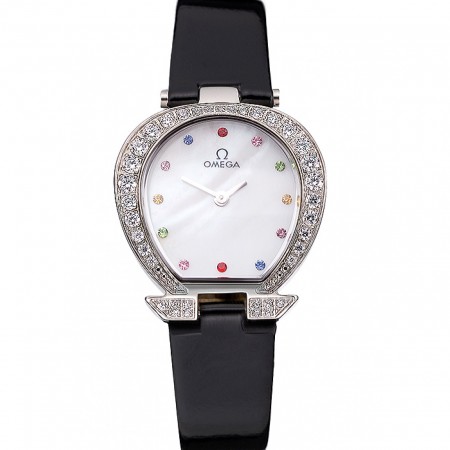 Orologio da donna Omega quadrante bianco con gioielli Cassa in acciaio inossidabile con cassa in diamanti Cinturino in pelle bianca 622826