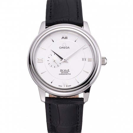 Omega De Ville Prstige Co-Axial quadrante bianco cassa argento cinturino in pelle nera numeri romani