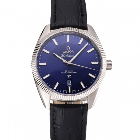 Omega Globemaster quadrante blu cassa in acciaio inossidabile cinturino in pelle nera