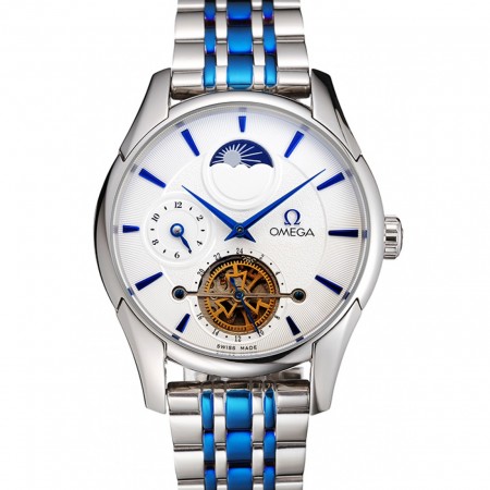 Omega De Ville Moonphase Tourbillon quadrante bianco Cassa in acciaio inossidabile Bracciale bicolore in acciaio blu