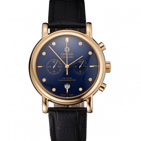 Omega Seamaster cronografo vintage quadrante blu con diamanti ora segni cassa in oro cinturino in pelle nera