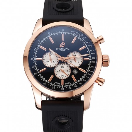 Breitling Transocean Quadrante Nero Cinturino in Gomma Nero Lunetta in Oro Rosa-98207