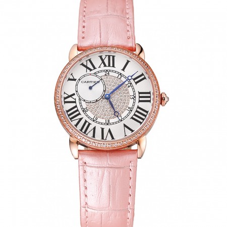 Cartier Ronde Louis Gold Diamond Case quadrante bianco Bracciale in pelle rosa 1454007