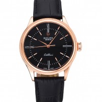 Svizzero Rolex Cellini Time Cassa in oro rosa quadrante nero Bracciale in pelle nera 622.656