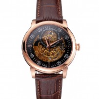 Swiss Patek Philippe con complicazioni quadrante traforato cassa in oro rosa cinturino in pelle marrone