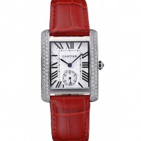 Cartier Tank MC cassa in acciaio inossidabile con diamanti quadrante bianco cinturino in pelle rossa 622173