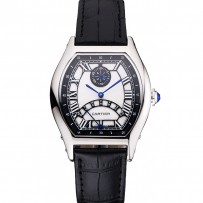 Cartier Tortue Calendario perpetuo quadrante bianco cassa in acciaio inossidabile cinturino in pelle nera