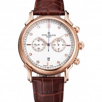 Patek Philippe cronografo quadrante bianco con diamanti cassa in oro rosa cinturino in pelle marrone