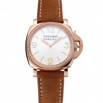 Panerai Radiomir quadrante bianco diamante lunetta cassa in oro rosa cinturino in pelle scamosciata marrone 1453799