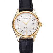 Swiss Rolex Cellini Date quadrante bianco cassa in oro cinturino in pelle nera