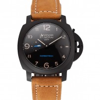 Svizzero Panerai Luminor GMT Carbotech quadrante nero cinturino in pelle marrone cassa nera