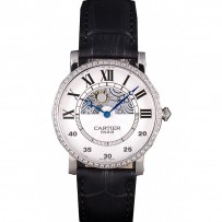 Orologio in argento con fasi lunari Cartier con cinturino in pelle nera ct255 621374