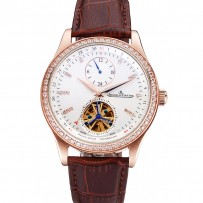 Jaeger-LeCoultre Master Tourbillon Dualtime quadrante bianco Cassa in oro con diamanti Cinturino in pelle marrone 622782