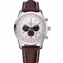 Breitling Transocean Chronograph Quadrante Bianco Cassa in Acciaio Inossidabile Bracciale in Pelle Marrone-622243