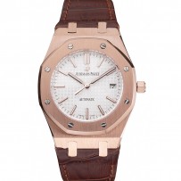 Swiss Audemars Piguet Royal Oak quadrante bianco cassa in oro cinturino in pelle marrone