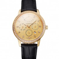 Swiss Vacheron Constantin Traditionnelle Power Reserve quadrante in oro e cassa con lunetta in diamanti cinturino in pelle nera