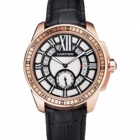 Cartier Calibre De Cartier piccoli secondi quadrante bianco e nero cassa in oro rosa cinturino in pelle nera