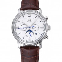 Omega De Ville Moonphase quadrante bianco Bracciale in pelle marrone cassa d'argento 1454226