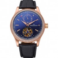 Jaeger-LeCoultre Master Tourbillon Dualtime quadrante nero Cassa in oro con diamanti Cinturino in pelle marrone 622783