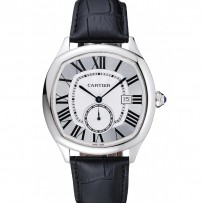 Cartier Drive De Cartier quadrante bianco cinturino in pelle nera cassa d'argento 1454209