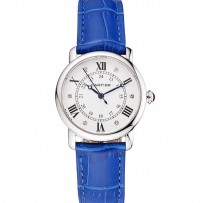 Cartier Ronde quadrante bianco Diamond Hour Marks cassa in acciaio inossidabile cinturino in pelle blu