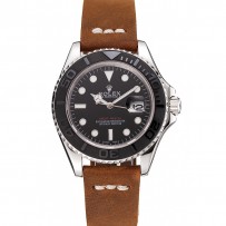 Rolex Yacht Master quadrante nero cinturino in pelle marrone cassa d'argento 1453859