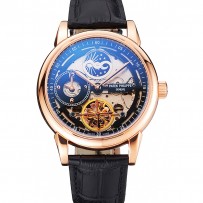 Patek Philippe Dual Time Moonphase Tourbillon Cassa in oro rosa scheletrato nero Cinturino in pelle nera