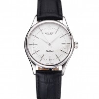 Svizzero Rolex Cellini quadrante bianco guilloché cassa in acciaio inossidabile cinturino in pelle nera