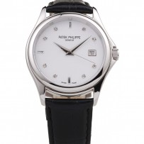 Patek Philippe Geneve Calatrava Indicatore delle ore con borchie in cristallo quadrante bianco cinturino in pelle nera