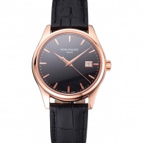 Svizzero Patek Philippe Calatrava quadrante nero cassa in oro rosa cinturino in pelle nera