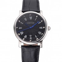 Cartier Rotonde Date quadrante nero cassa in acciaio cinturino in pelle nera