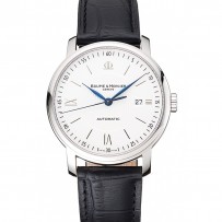 Swiss Baume and Mercier Classima Quadrante Bianco Custodia in Acciaio Inossidabile Cinturino in Pelle Nera