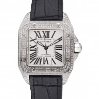 Svizzero Cartier Santos Dumont Diamond Case quadrante bianco Numeri romani Bracciale in pelle nera 622.652