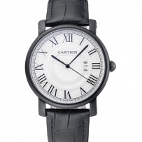 Cartier Rotonde quadrante bianco cinturino in pelle nera cassa nera 1454220