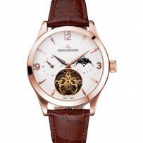 Jaeger LeCoultre Master Moonphase Tourbillon quadrante bianco Cassa in oro rosa Cinturino in pelle marrone