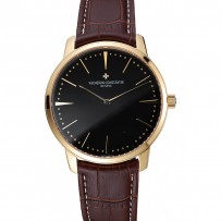 Swiss Vacheron Constantin Patrimony Grand Taille quadrante nero Bracciale in pelle marrone cassa in oro 1454178