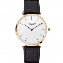 Swiss Longines Grande Classique quadrante bianco cassa in oro cinturino in pelle nera