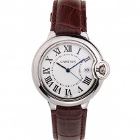 Cartier Ballon Bleu 42mm quadrante bianco cinturino in pelle marrone cassa in acciaio inossidabile