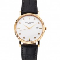 Patek Philippe Calatrava quadrante bianco con diamanti ora segni lunetta a coste cassa in oro cinturino in pelle nera