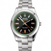 Swiss Rolex Milgauss con quadrante nero marcature arancioni cassa e bracciale in acciaio inossidabile